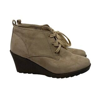 Tom's Le Miu Women's Tan Suede Wedge Ankle Boots Lace Up Chukka Style 7.5 Chic